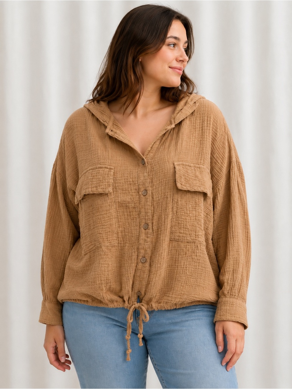 Easel Krinkle Cotton  Textured Camel color Hooded Button-Down Shirt drawstring